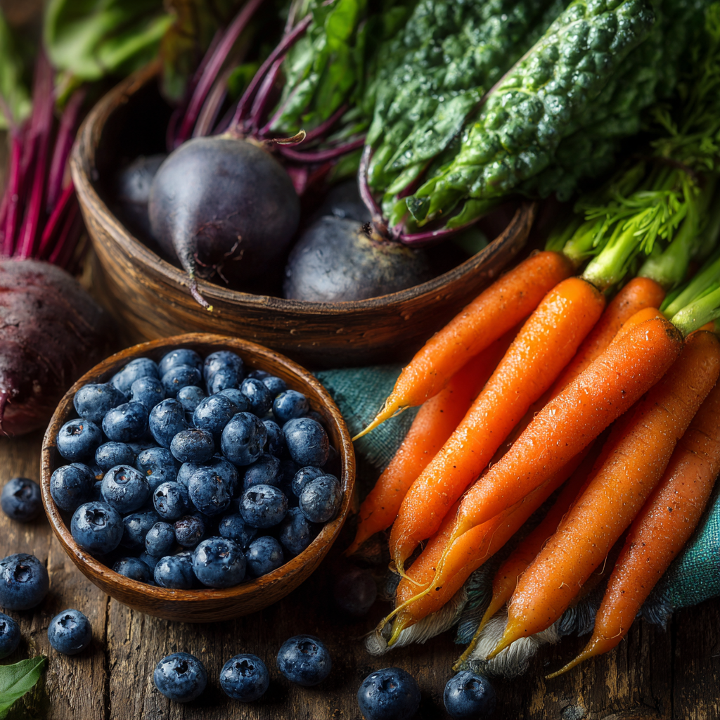 Colorful healthy foods rich in vitamins including carrots blueberries and leafy greens arranged on table