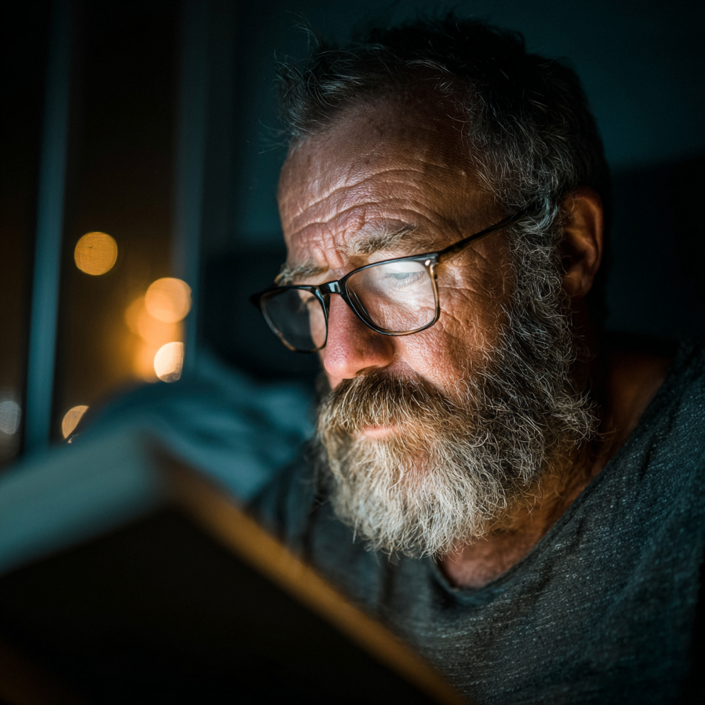 Mature man reading book with proper lighting showing healthy vision habits