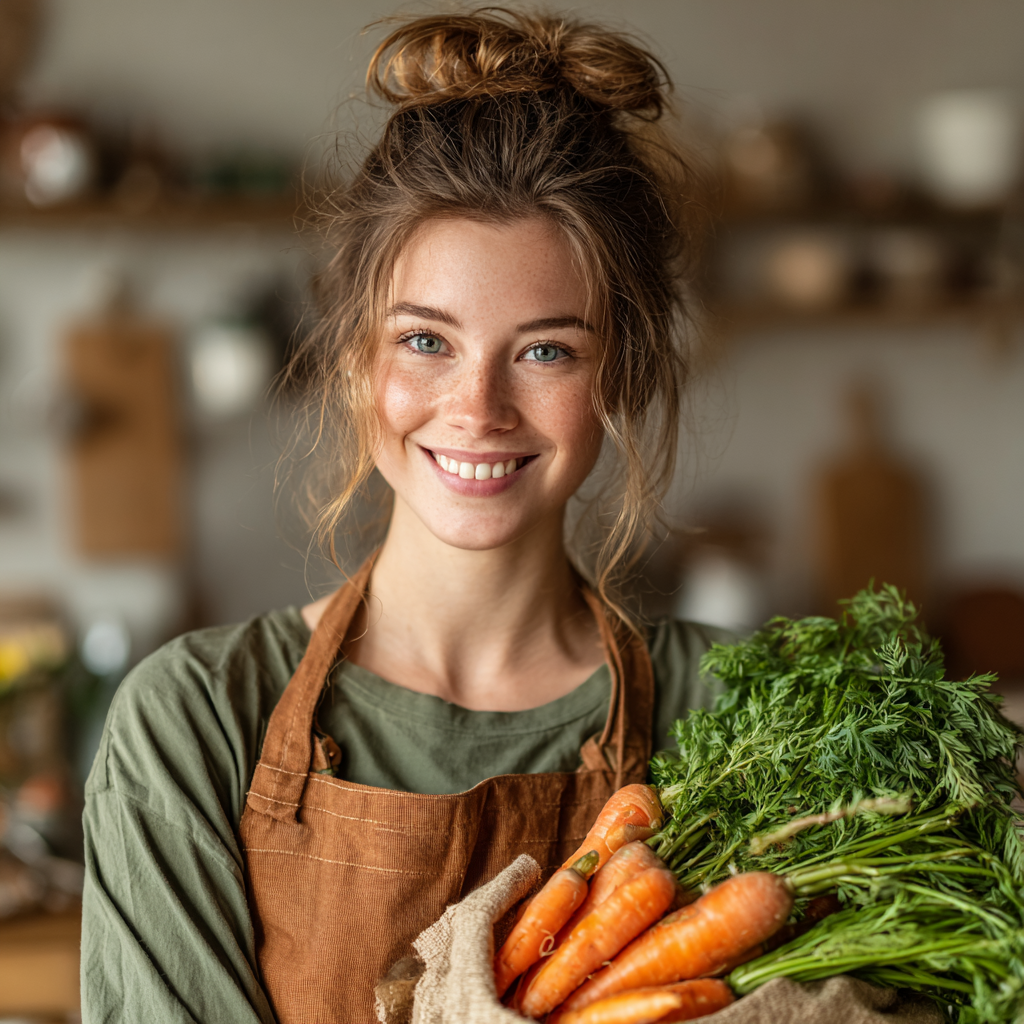 Smiling woman with healthy eyes holding fresh vegetables in kitchen